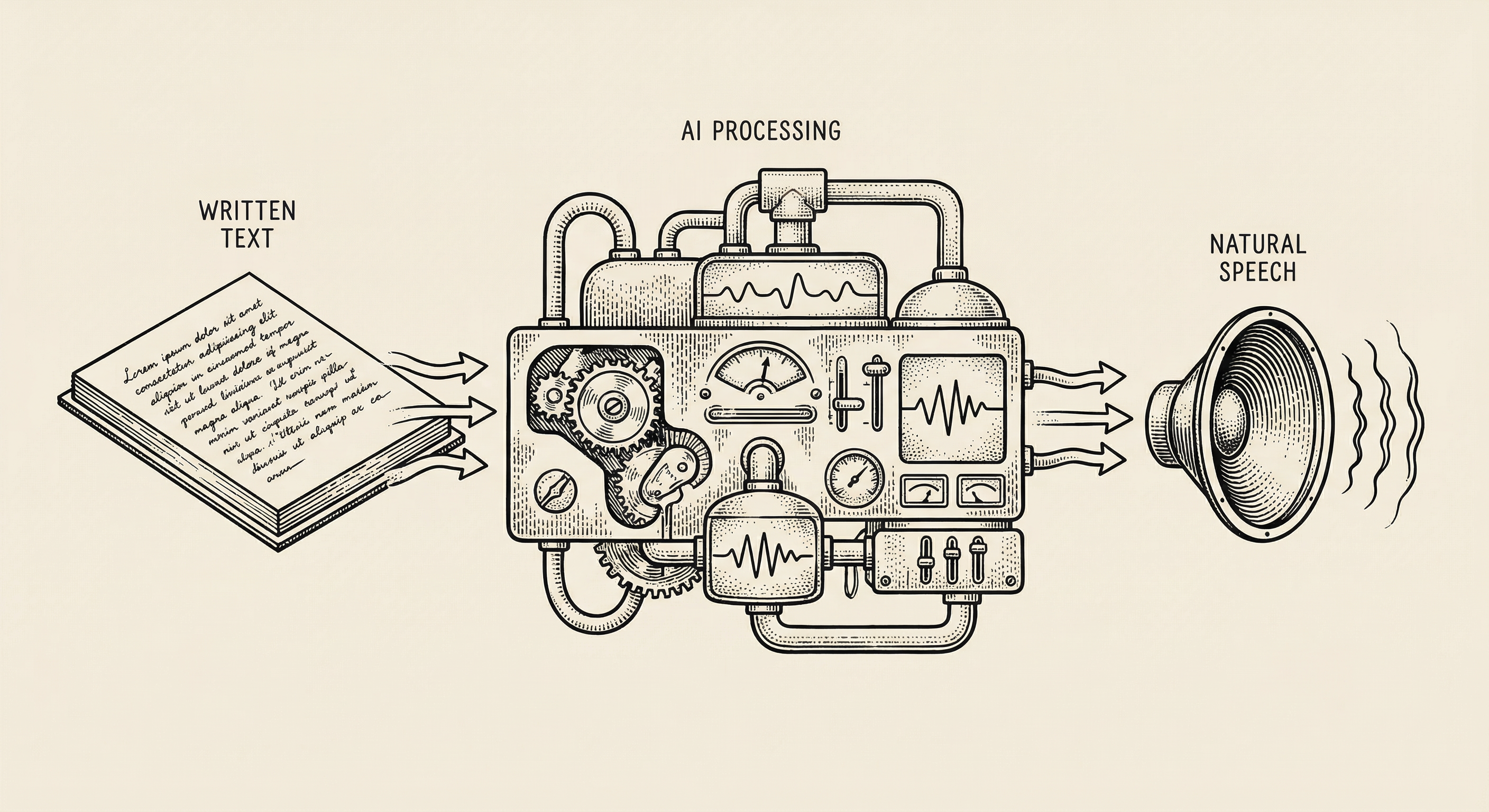 How text-to-speech works — written text flows through AI processing and emerges as natural speech
